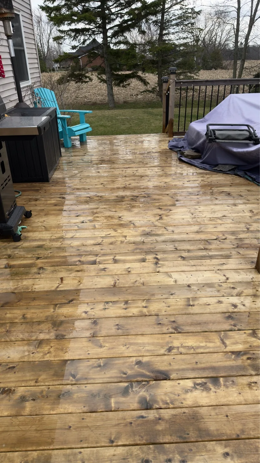 Freshly stained pressure-treated pine deck with rural view — D&D Exterior Finishing Kitchener-Waterloo